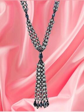 Long gray pearl and glass bead tassel necklace, multi strand necklace  - NEW